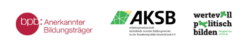 Drei Logos für den "BPC: Aerkannter Bildungsträger", "AKSB" und "Wertevoll Politisch Bilden" sind vor einem weißen Hintergrund zu sehen.
